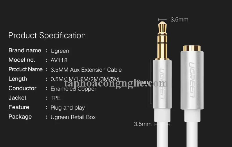 Ugreen 10778 5M màu Trắng Cáp âm thanh 3.5mm nối dài đầu nhôm AV118 30010778